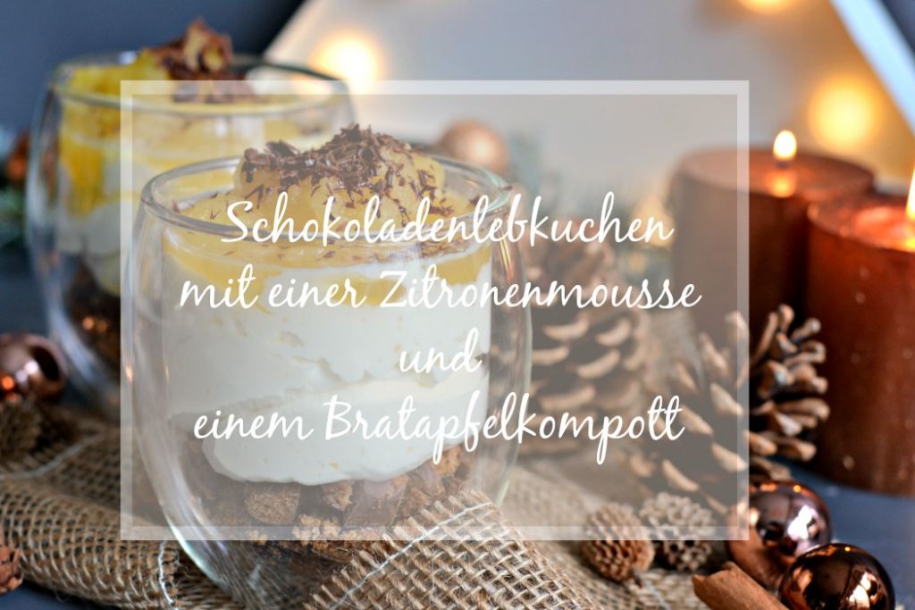Schokoladenlebkuchen mit Zitronenmousse und Bratapfelkompott. Schokoladenlebkuchen mit Zitronenmousse und Bratapfelkompott.